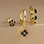 3PCS Gold Plated Chain Zircon Hanging Earrings Stainless Steel Flower