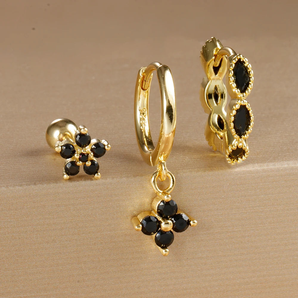 3PCS Gold Plated Chain Zircon Hanging Earrings Stainless Steel Flower