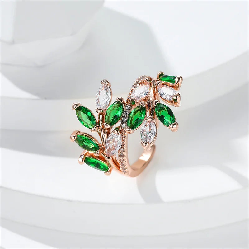 Marquise Cut Royal Blue Green Purple Pink Zircon Leaf Rings For Women Rose Gold Color Boho Cocktail Ring Wedding Bands Jewelry
