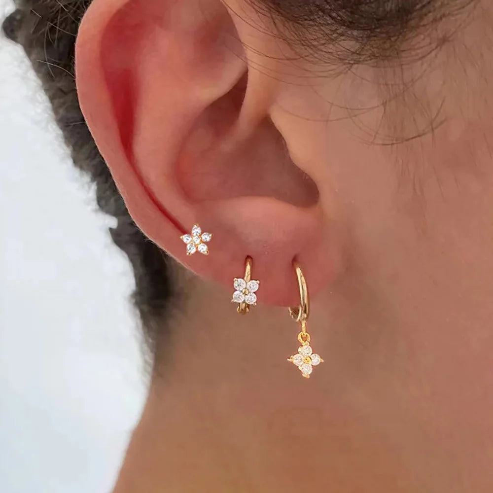 3PCS Four Flower Zircon Little Hoop Earring Star Cartilage Piercing