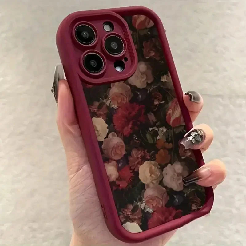 Wine Red & White Rose Case for iPhone 16 15 14 13 12 11 Pro Max XR 7 8 Plus