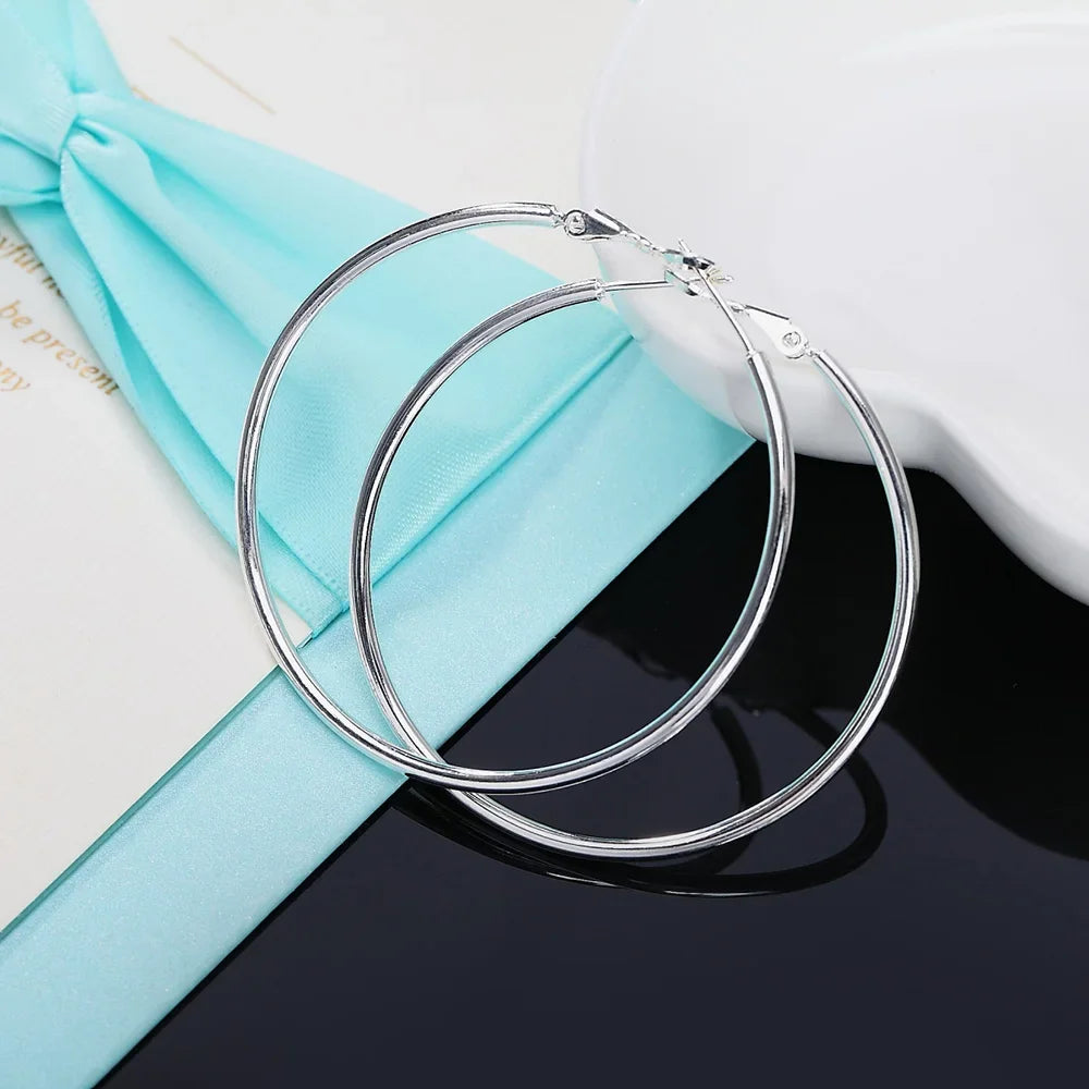 925 Sterling Silver Big Hoop Earrings Women 50/60/70/80mm Wedding Jewellery