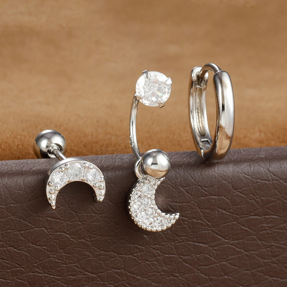 3pcs Stainless Steel Zircon Huggie Hoop Earrings Set Star Moon