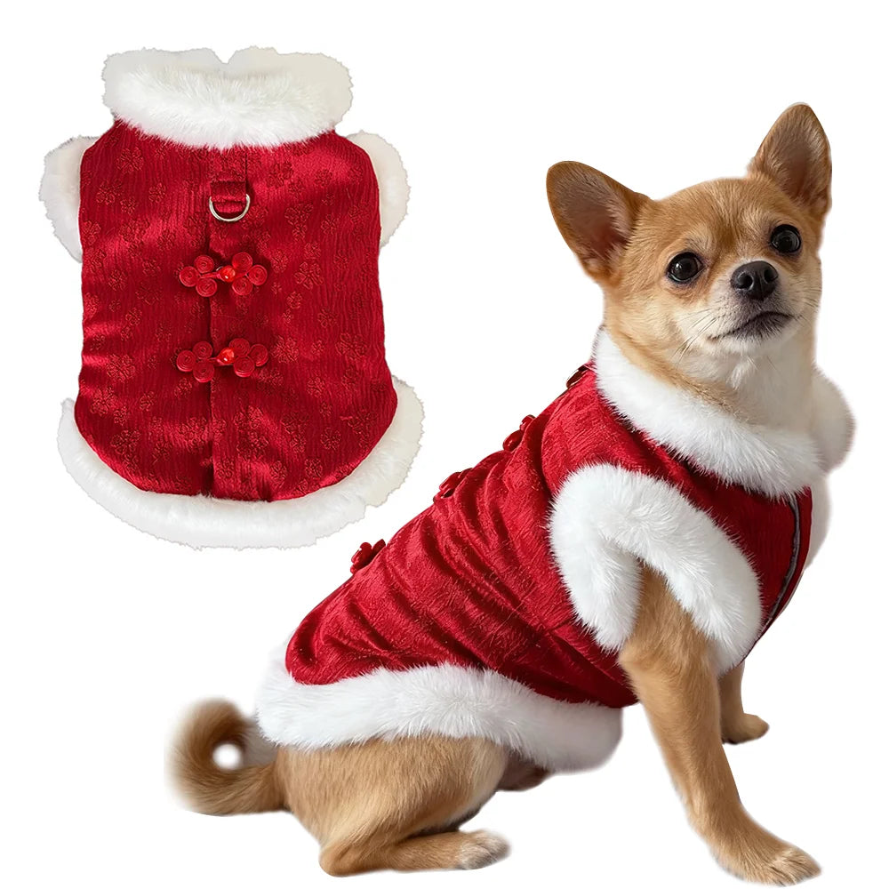 Festive Red Plush Vest Dog Cat Embroidered Costume Warm Sleeveless Jacket