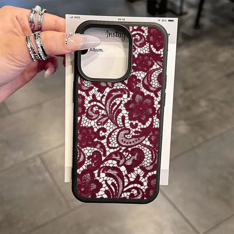 Red Lace Design Lychee Case for iPhone 17 16 15 14 13 12 Pro Max