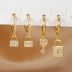 Luxury Zircon Key Lock Asymmetric Hoop Earrings Gold Plated Steel