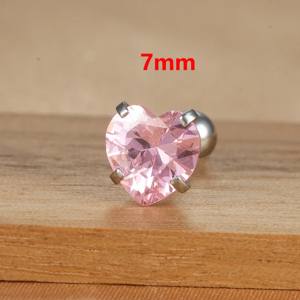 1PC Simple Pink Cubic Zirconia Heart Small Stud Earrings Steel