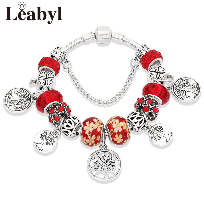 Tibetan Silver Tree of Life Charm Bracelet Green Crystal Flower Bead DIY
