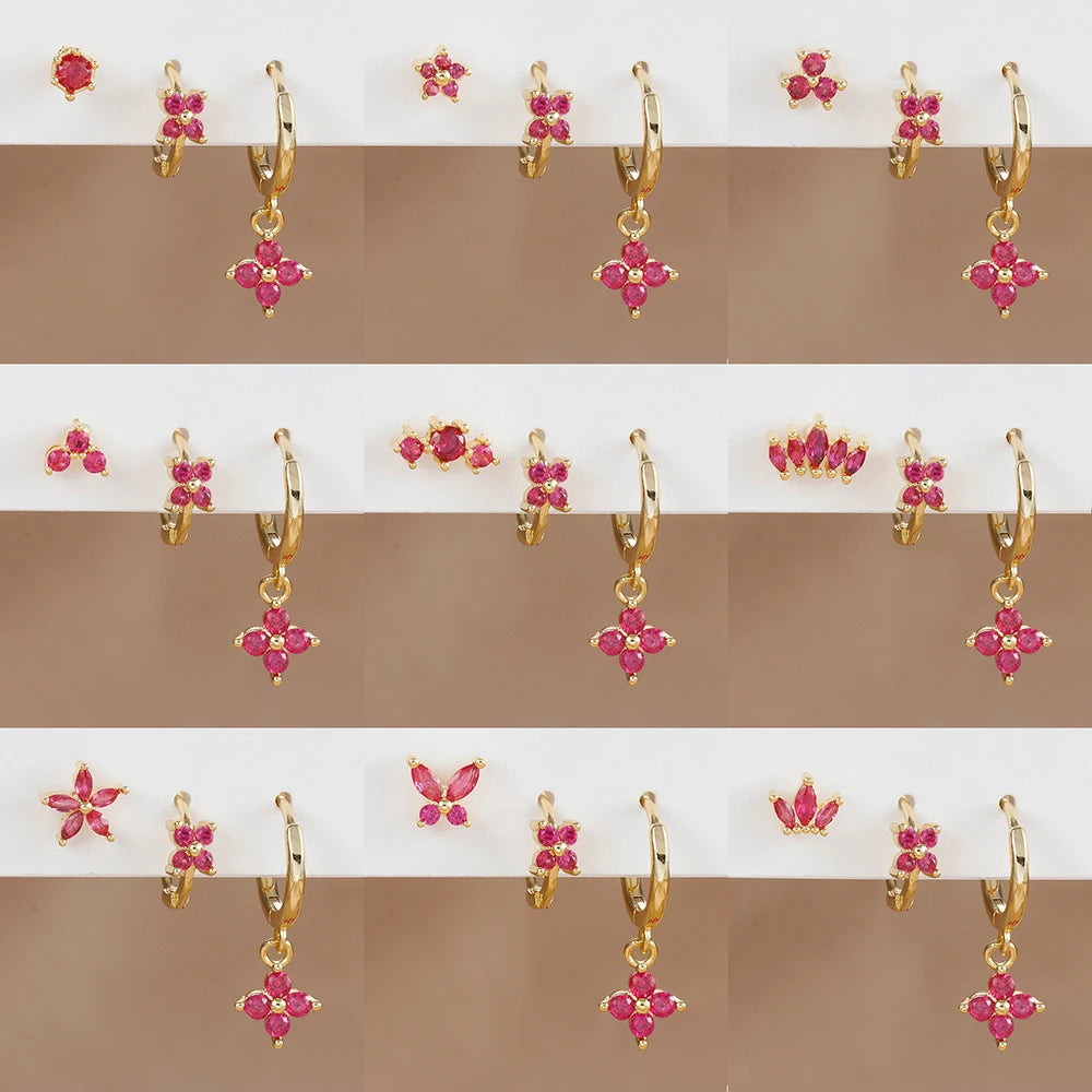 3PCS Stainless Steel Rose Red Zircon Flower Dangle Earring 18K Gold