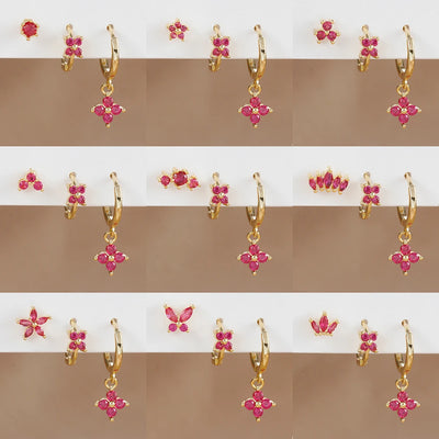 3PCS Stainless Steel Rose Red Zircon Flower Dangle Earring 18K Gold