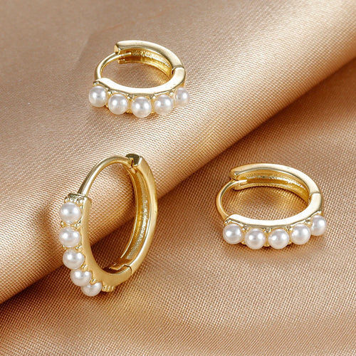 3PCS Stainless Steel Little Pearl Hoop Earrings Small Round Circle