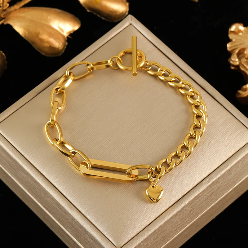 Gold Colour Stainless Steel Charm Bracelet Trendy Textured Jewellery