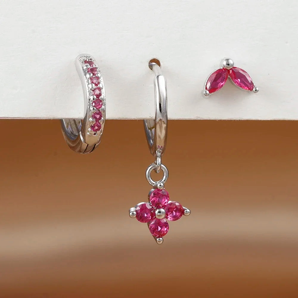 3PCS Exquisite Green Zircon Hanging Earrings Stainless Steel Flower