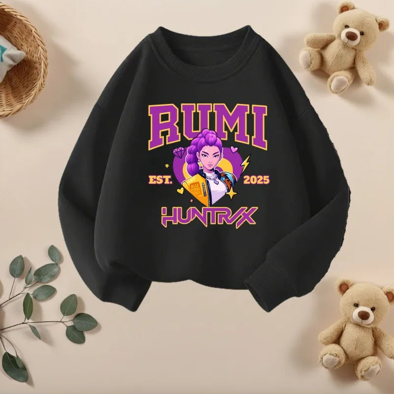 K-pop Girls Long Sleeve Pullovers Cartoon Print O-Neck Sport Sweatshirts