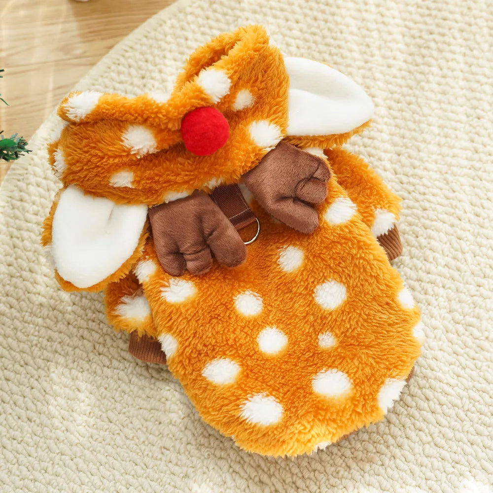 Festive Reindeer Pet Costume Cozy Plush Dog Cat Hoodie Outfit Winter Photo