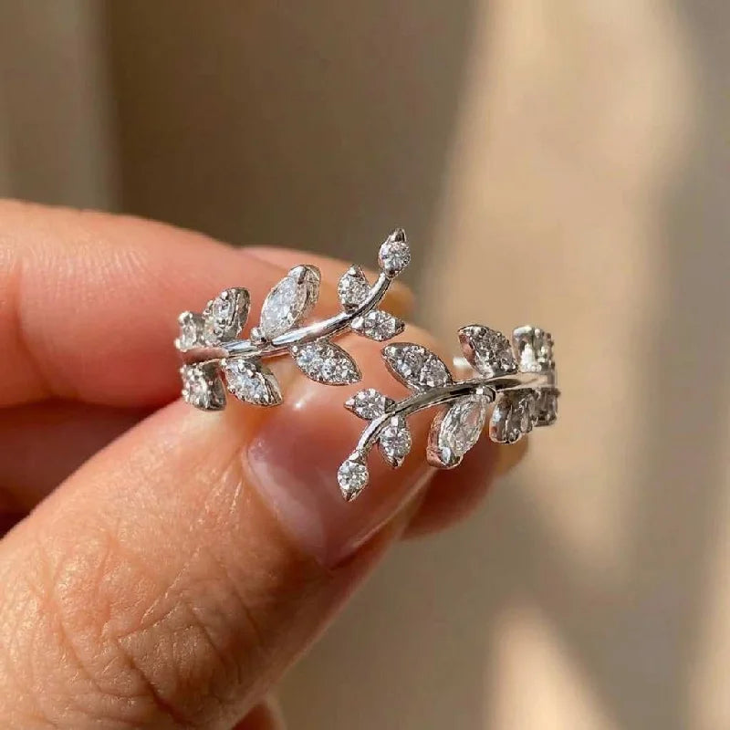925 Sterling Silver Fashion Zircon Leaf Adjustable Ring Stylish Fine Jewellery Hot Sales