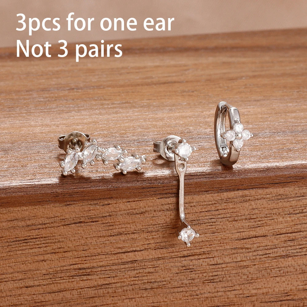 3PCS Korean Stainless Steel Butterfly Crystal Zirconia Hoop Earrings