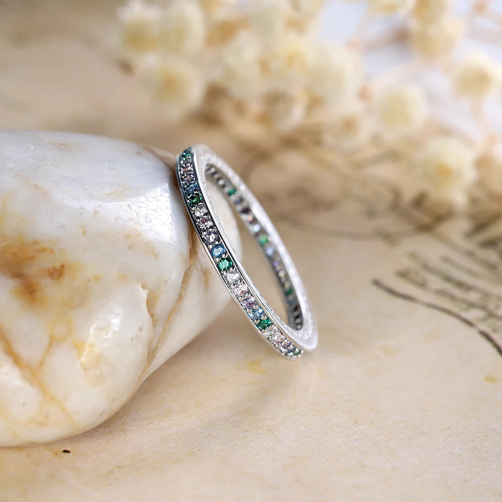 Minimalist Small Rainbow Zircon Stone Thin Rings For Women Silver Color Stacking Wedding Bands Female Daily Party Finger Jewelry