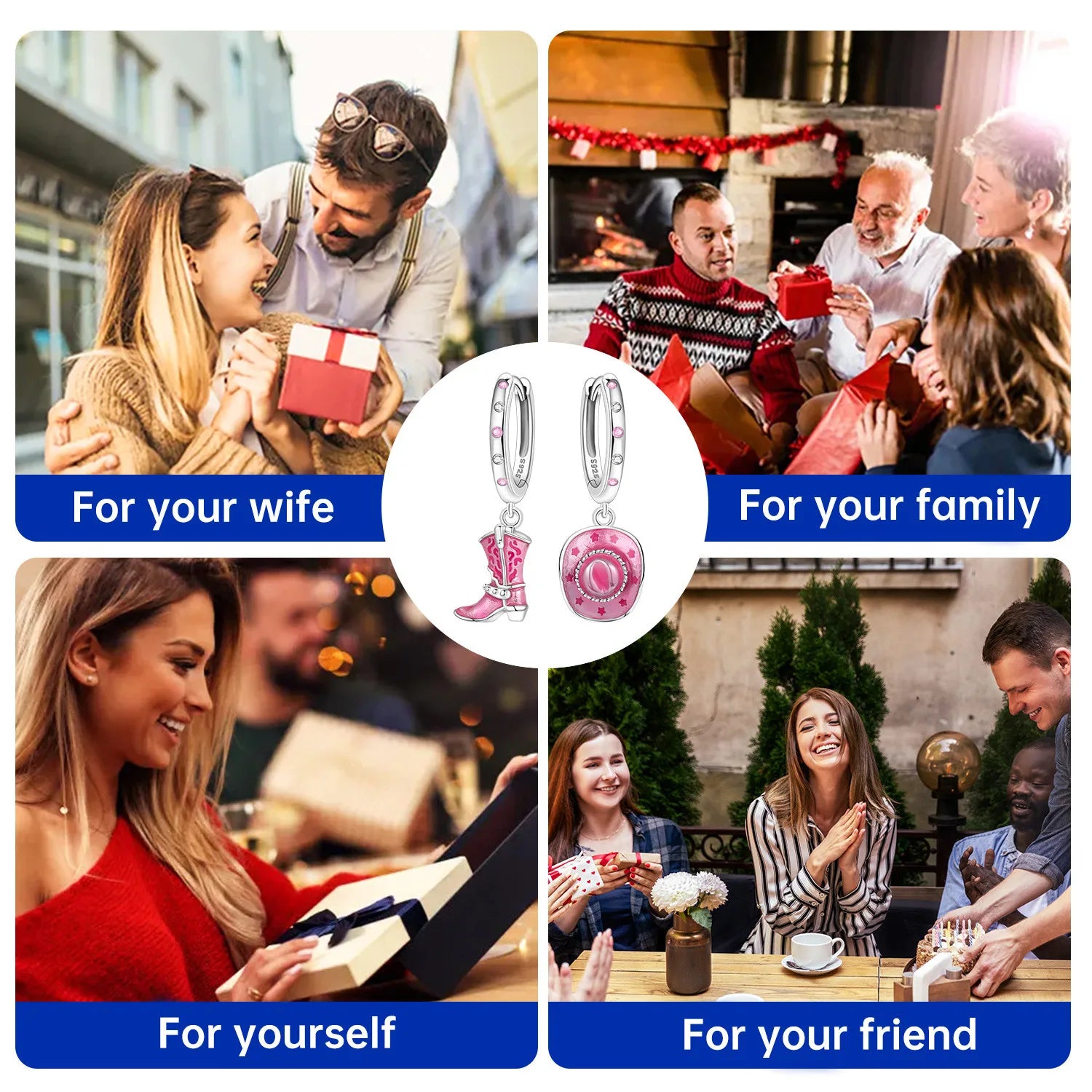 925 Sterling Silver Pink Denim Hat Boots Key Lock Drop Earrings Jewellery
