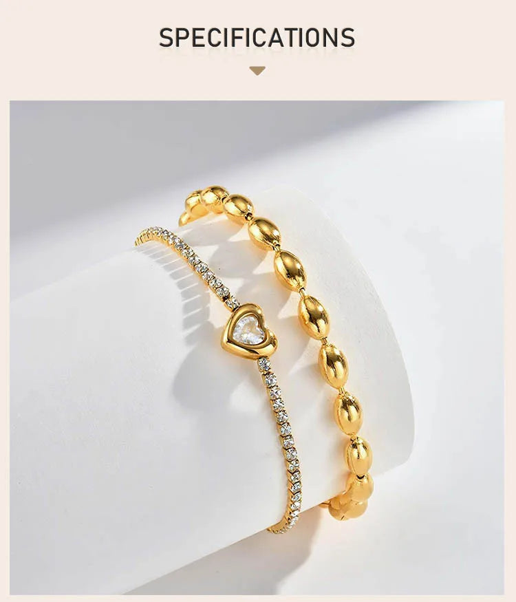 Stainless Steel Heart-shaped Rhinestone Bracelet for Women, Oval Beaded Bracelet Layered Waterproof Hand Wristband