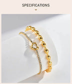 Stainless Steel Heart-shaped Rhinestone Bracelet for Women, Oval Beaded Bracelet Layered Waterproof Hand Wristband