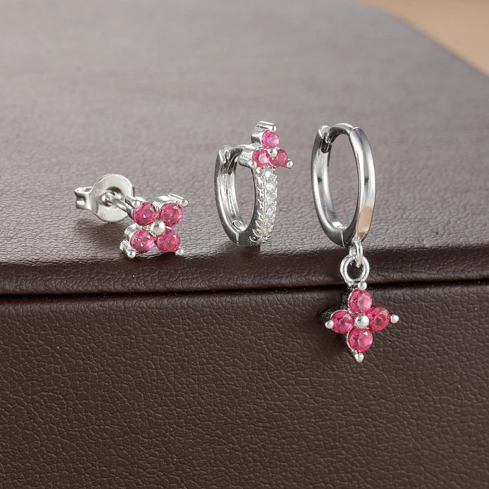 3PCS Fashion Stainless Steel Flower Small Hoop Earrings Set 18K Gold