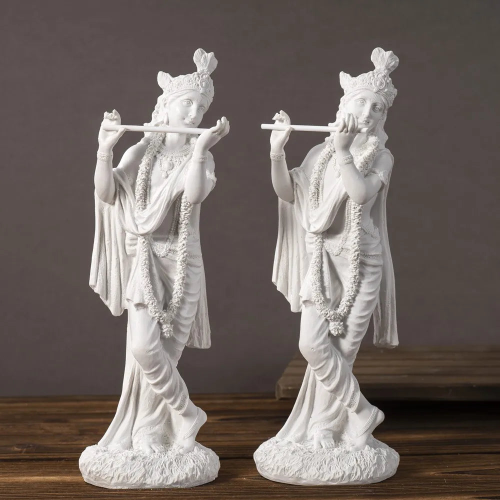 Resin White Krishna Statue Hindu God Love Divine Sculpture Meditating Yoga Room Decor