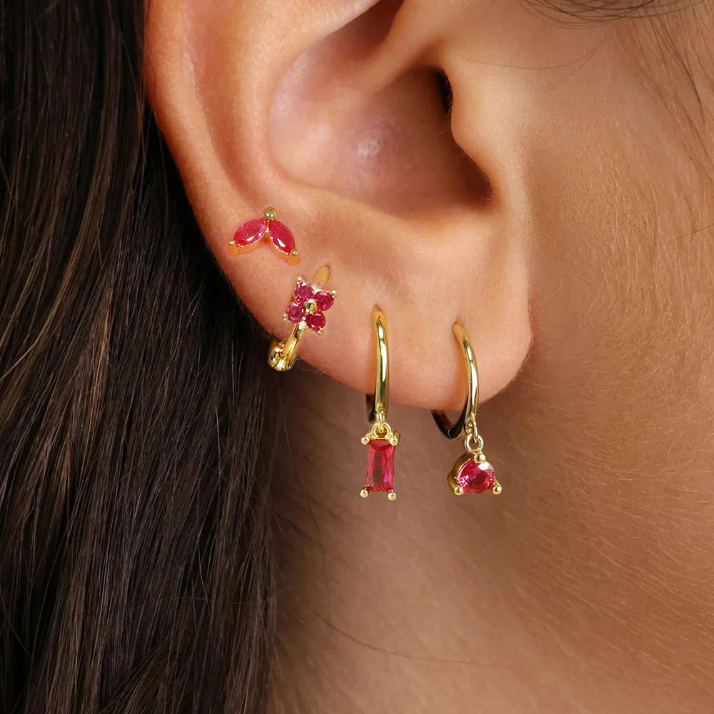 4PCS Stainless Steel Huggies Hoop Earrings Rose Red Crystal Zirconia