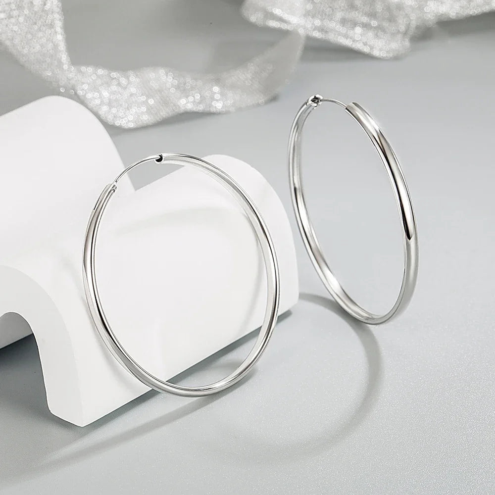 Genuine 925 Sterling Silver Round Hoop Earrings Women New Fashion Jewellery