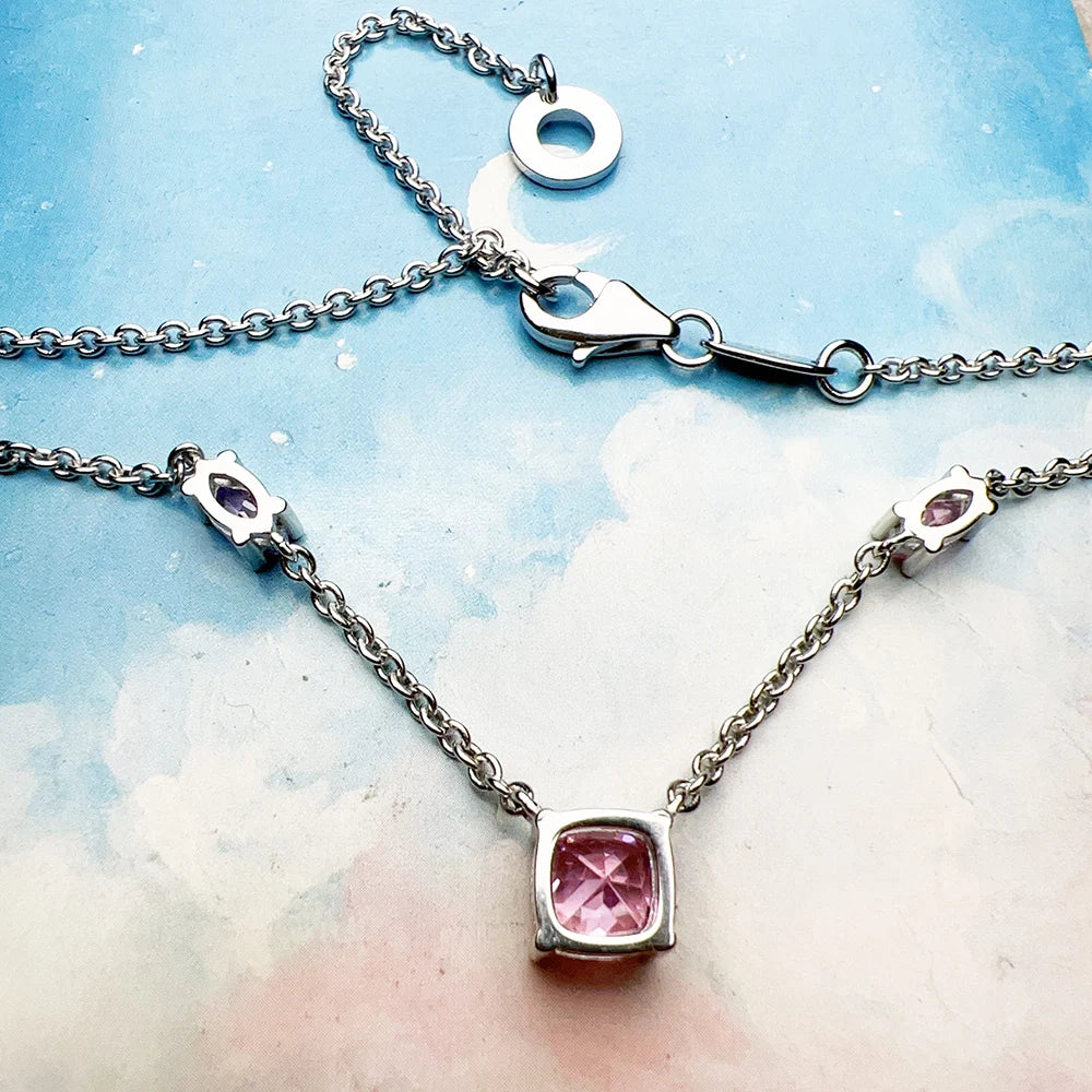 Pink Stone Necklace & Earring Jewellery Set 925 Sterling Silver Romantic Gift