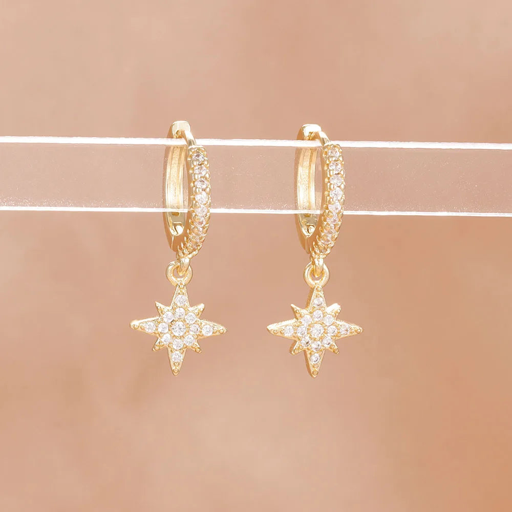 New Star Zircon Stainless Steel Pendant Hoop Earrings 18K Gold