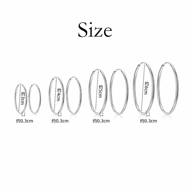 925 Sterling Silver 3mm Thick Hoop Earrings Women 3.5/5/6cm Luxury Jewellery