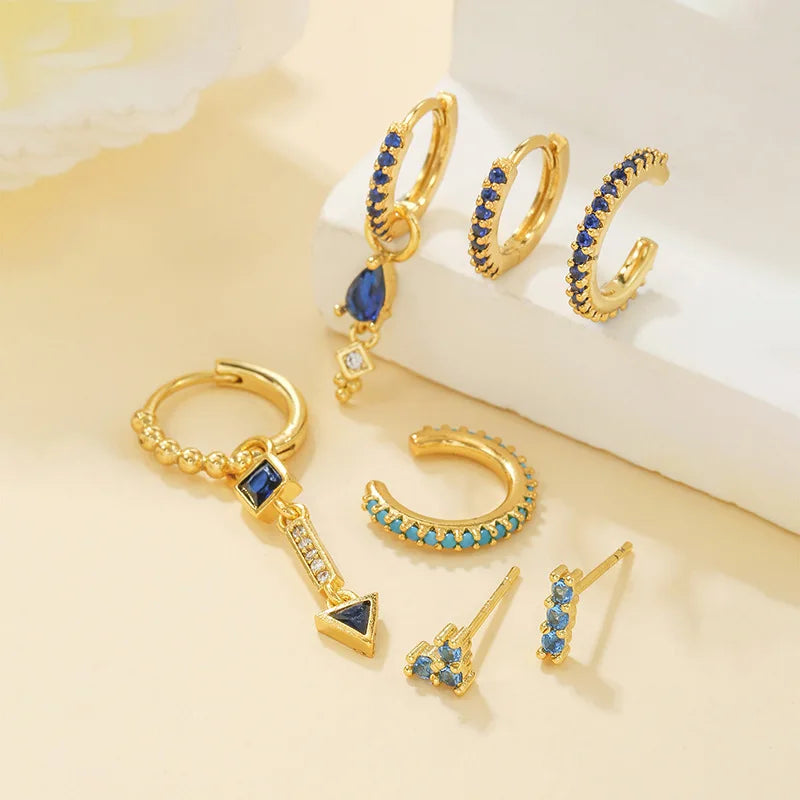 Classic Dark Blue Zircon Triangle Square Piercing Earrings Steel