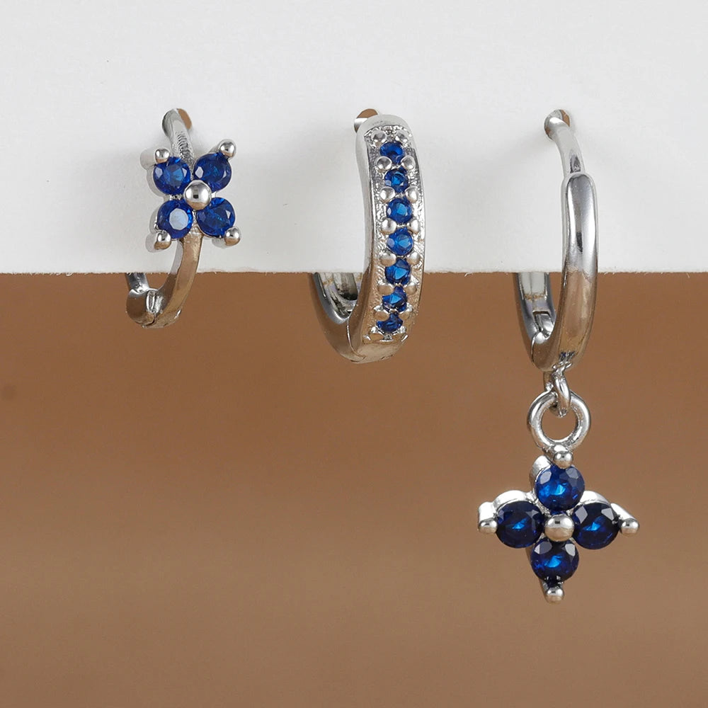 3PCS Trendy Stainless Steel Flower Drop Earring Set Zirconia Dangle