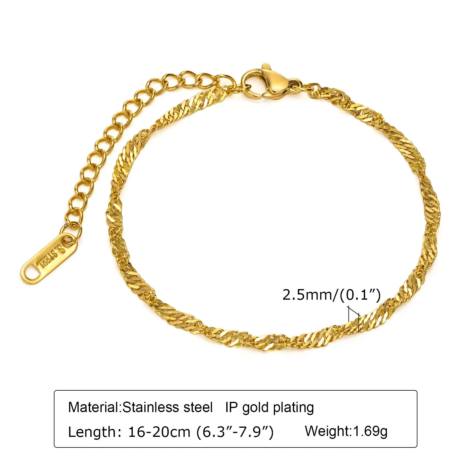 Gold Plated Link Bracelet for Women, Stainless Steel Stackable Chain Wristband, Adjustable Waterproof Jewelry