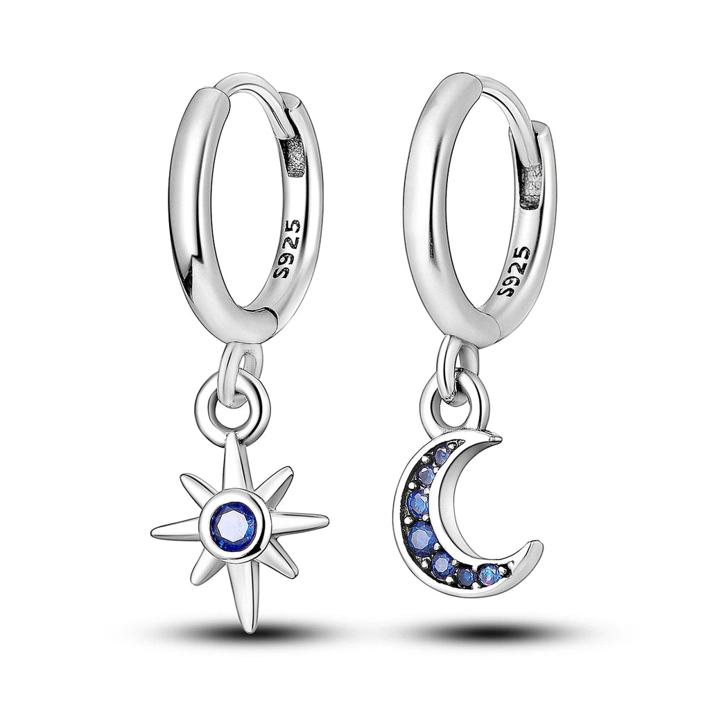 925 Sterling Silver Star Moon Sun Tassel Versatile Hoop Earrings Fine Gift