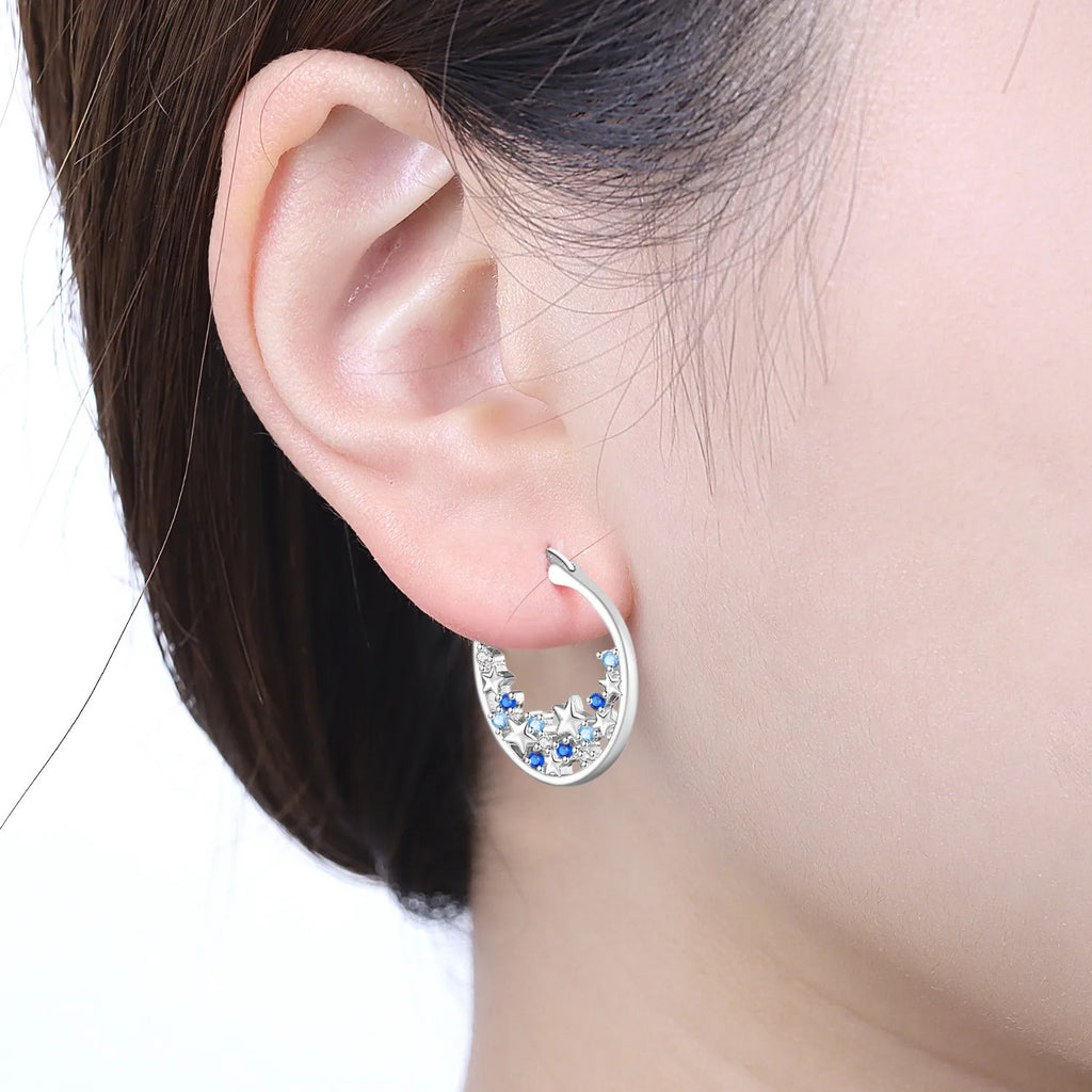 925 Sterling Silver Blue Zircon Starry Sky Hoop Earrings Trendy Jewellery