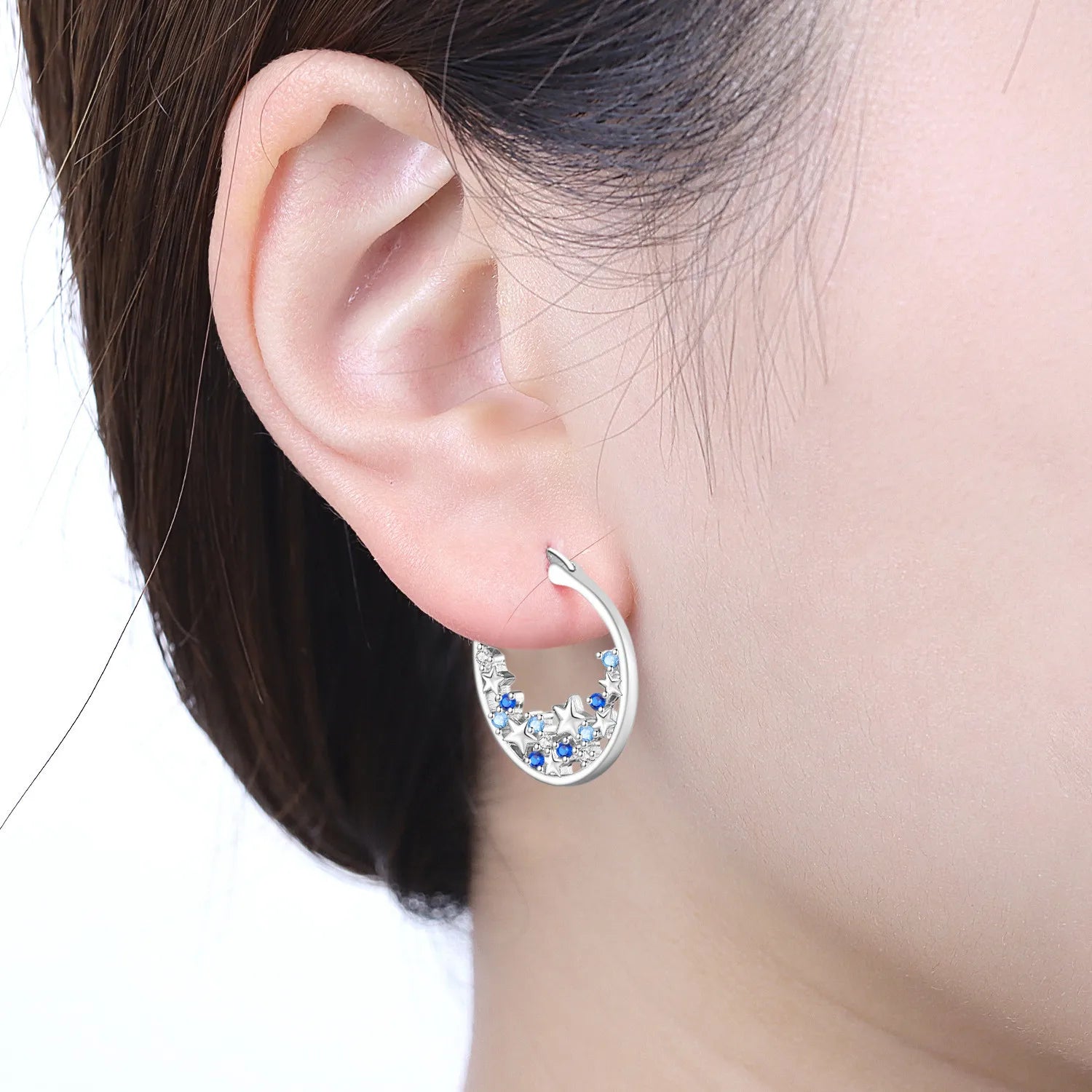 925 Sterling Silver Blue Zircon Starry Sky Hoop Earrings Trendy Jewellery