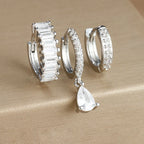 3PCS Stainless Steel Gold Plated Hoop Earrings Zircon Pendant