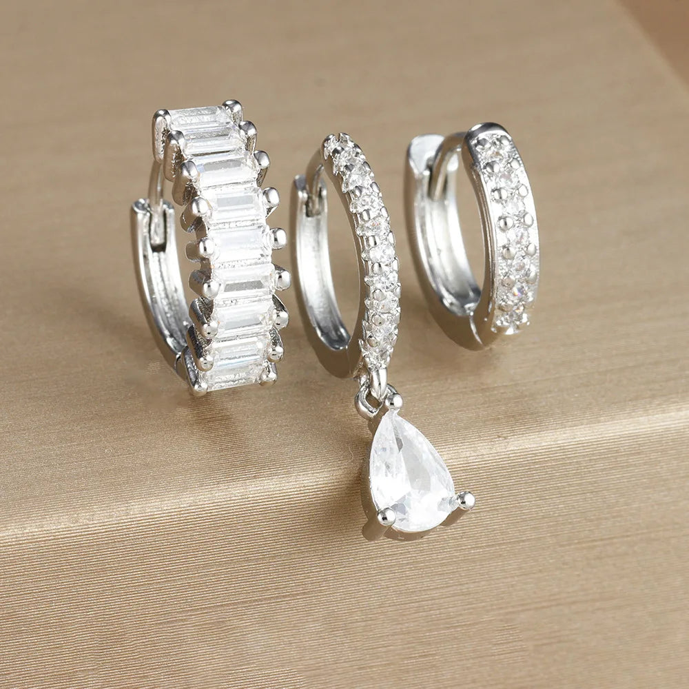 3PCS Stainless Steel Gold Plated Hoop Earrings Zircon Pendant
