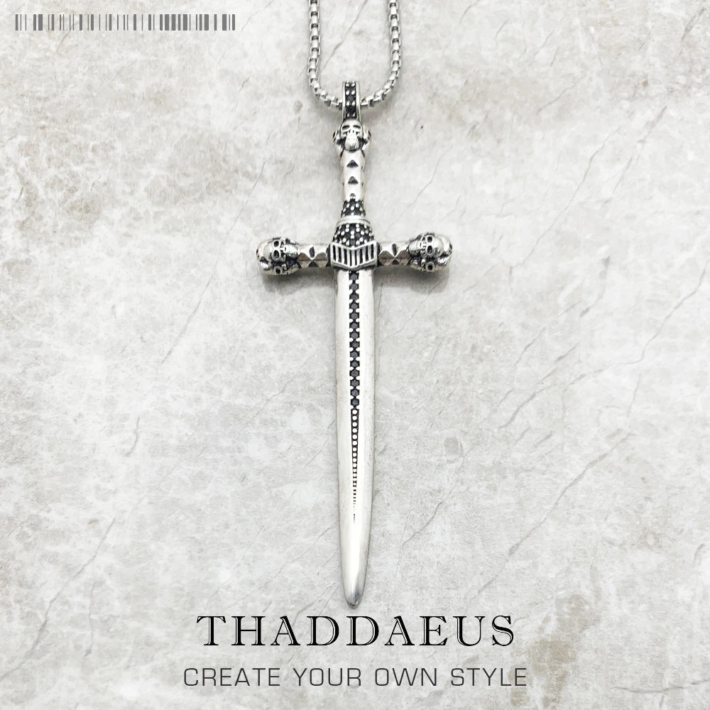 Sword Pendant Link Chain Necklace 925 Sterling Silver Vintage Jewellery Gift