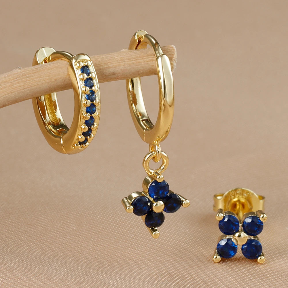3PCS Gold Colour Crystal Zirconia Drop Earrings Flower Dangle Set