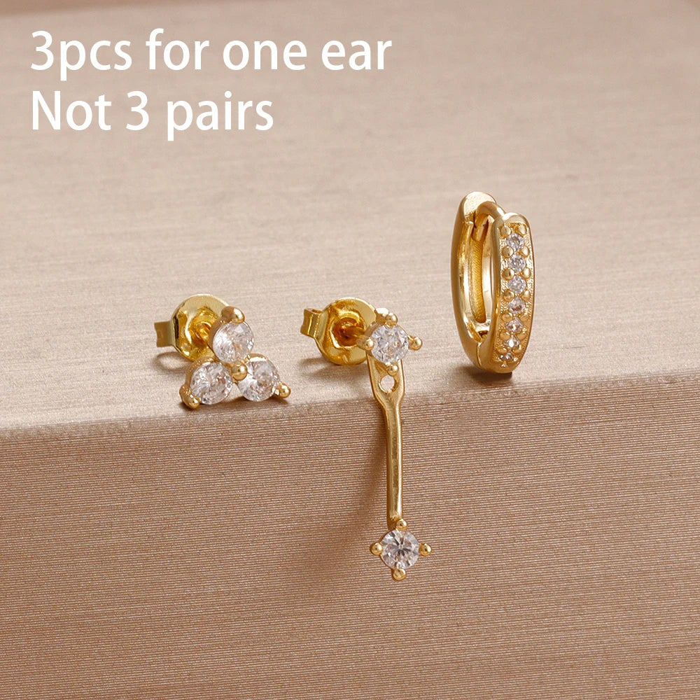 3PCS Fashion Simple Zircon Hoop Earrings Set Stainless Steel Punk