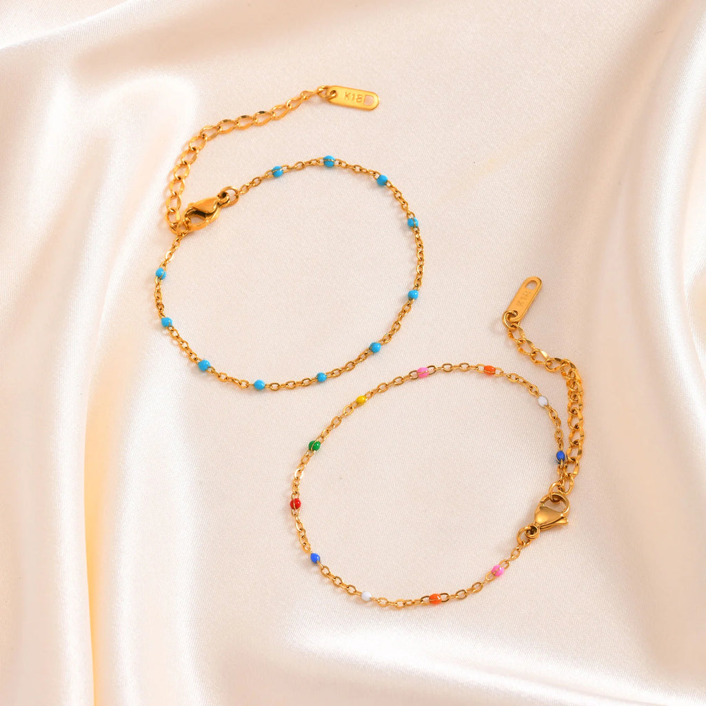 Stainless Steel Chain Bracelet for Women, Colorful Beads Summer 18k Gold Plated, Stainless Steel Waterproof Wrist Jewelry