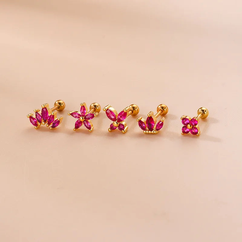 2PCS New Stainless Steel Rose Red Mini Piercing Stud Earrings