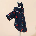 Cherry Print Cat Dog Pajamas Set Soft Warm Sleepsuit with Flower Headband