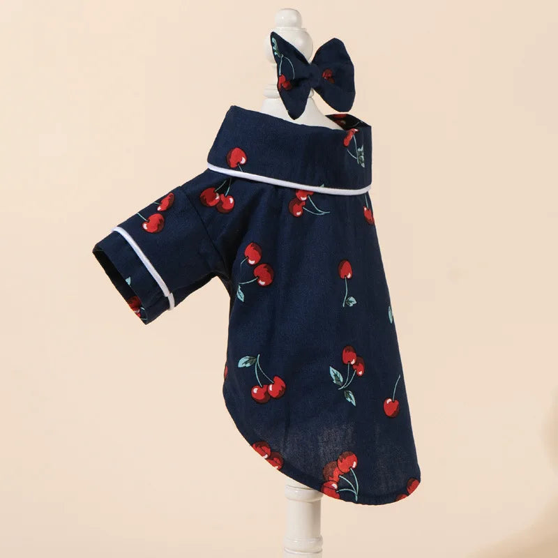 Cherry Print Cat Dog Pajamas Set Soft Warm Sleepsuit with Flower Headband