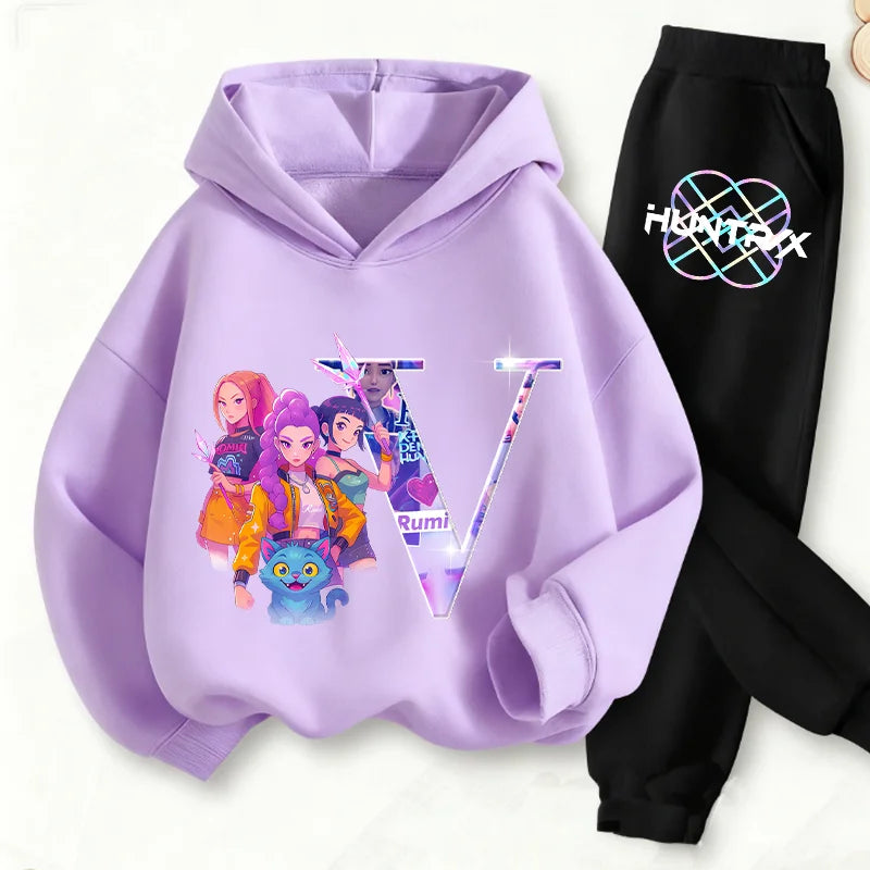 Kids Kpop Demon Hunters Anime Huntrix Sweatshirt & Pants Fashion Tracksuit