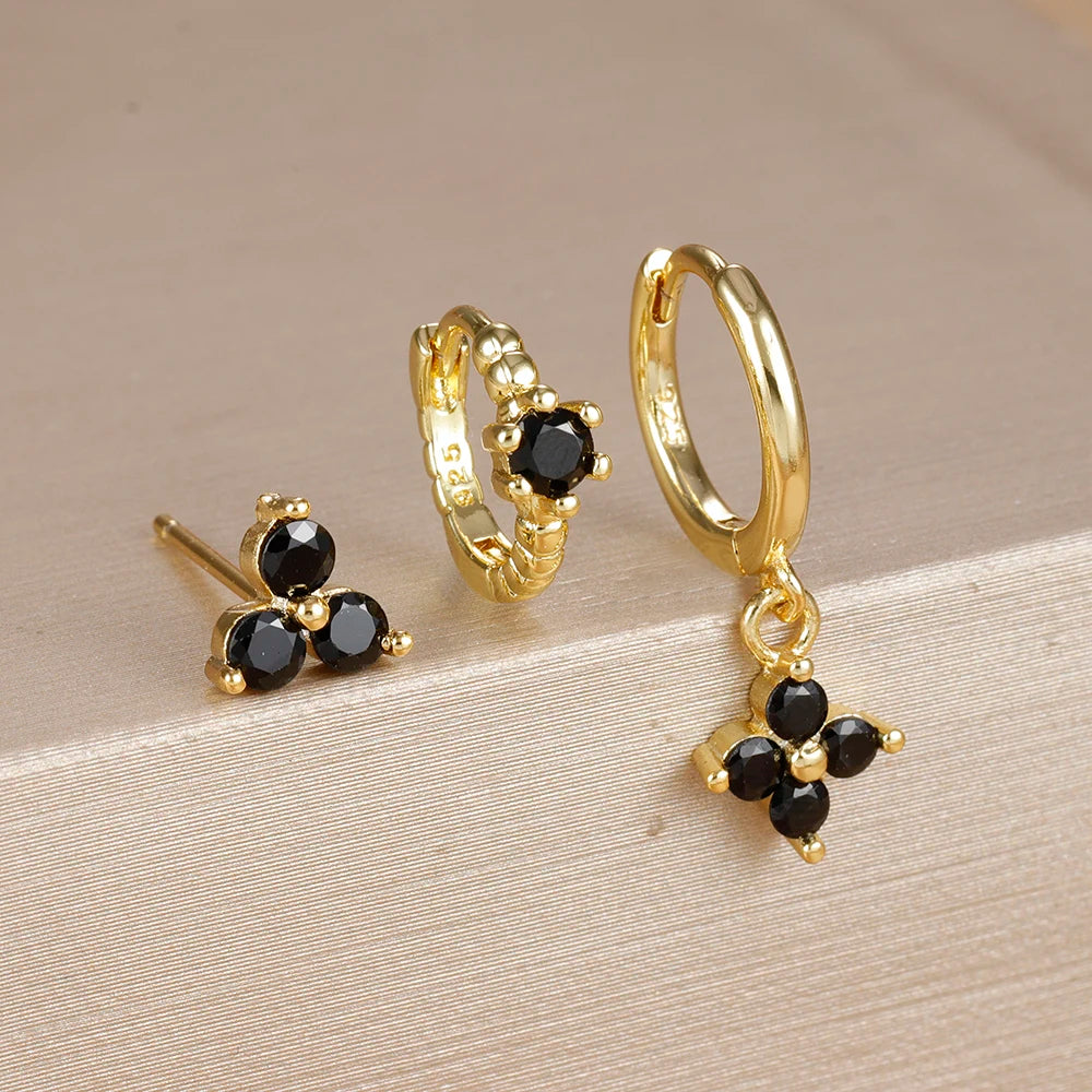 3PCS Gold Plated Chain Zircon Hanging Earrings Stainless Steel Flower