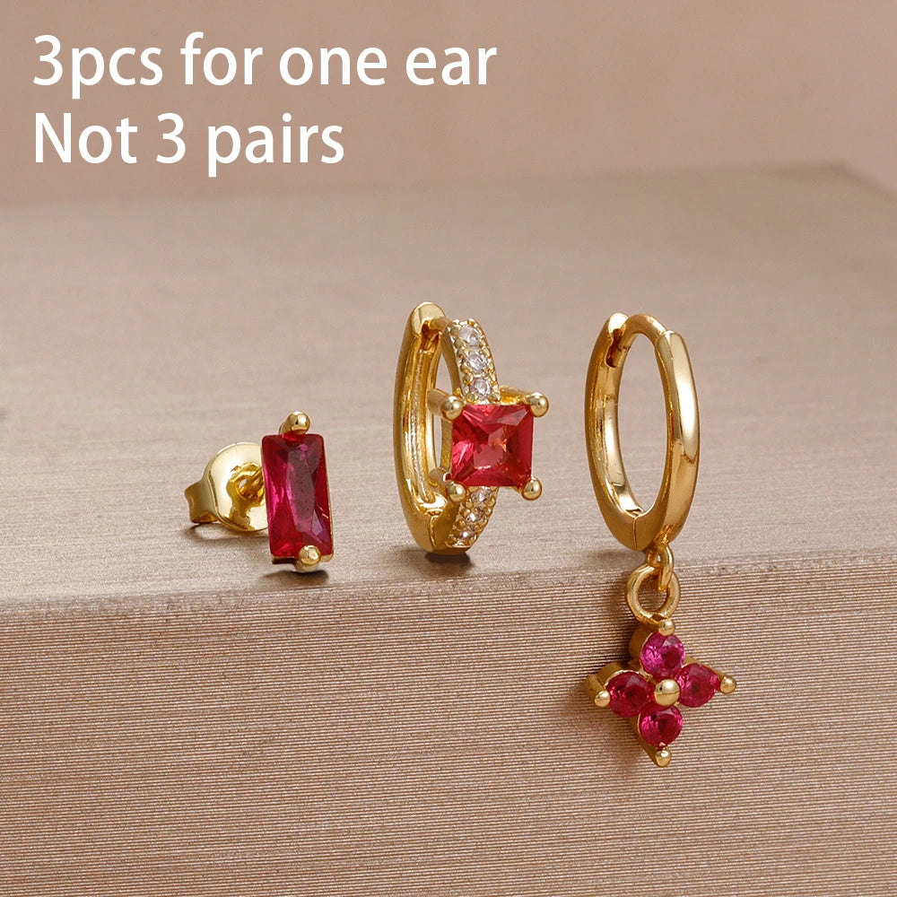 3PCS Unique Stainless Steel Earrings Set Rose Red Crystal Zircon